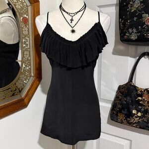 Y2K Jenny Han Black 100% Silk Pleated Ruffle Neckline Minimalist Glam Cami Top